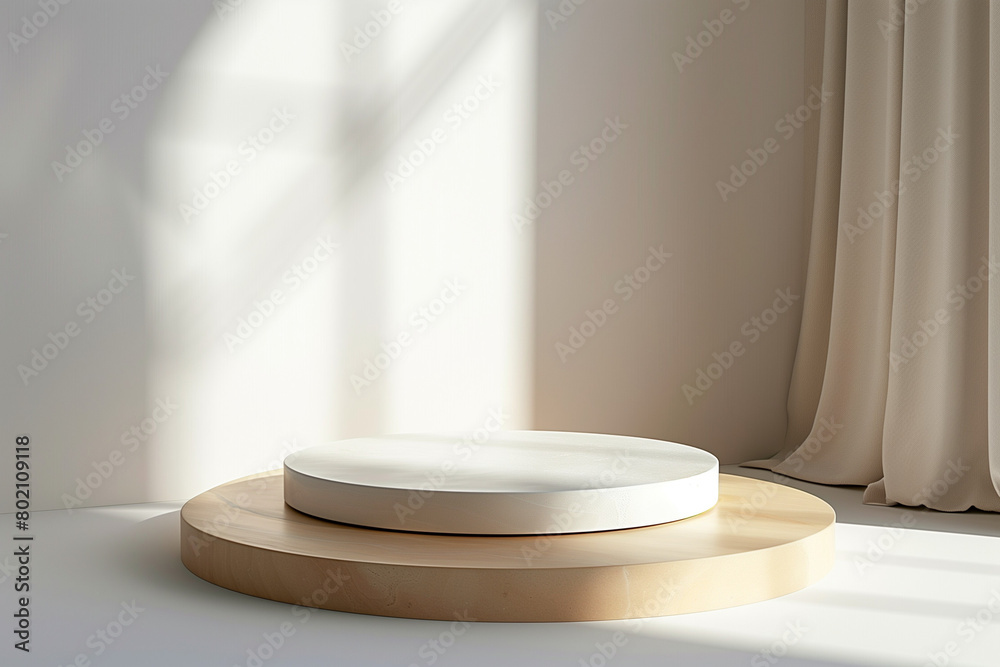 A white pedestal with a wooden base and a round top A white pedestal with a wooden base and a round top