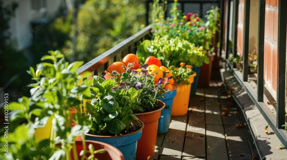 Colorful container garden with rows of pots containing different types of vegetables on a sunny balcony.