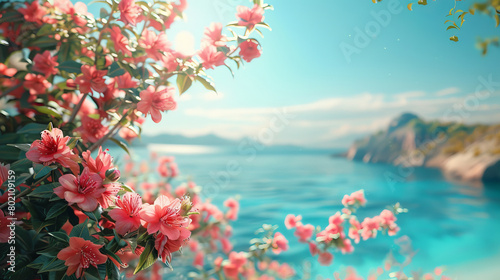 A beautiful scene of a mountain lake with pink flowers in the foreground