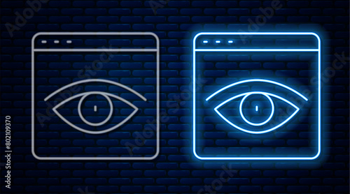 Glowing neon line Browser incognito window icon isolated on brick wall background. Vector