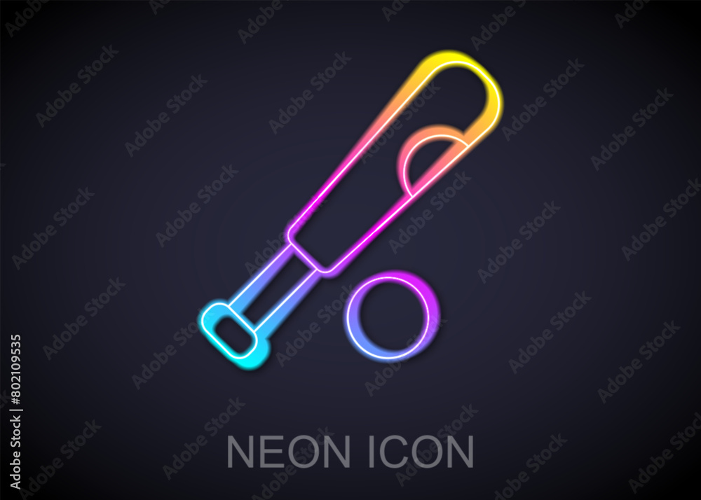 Glowing neon line Baseball bat with ball icon isolated on black background. Vector