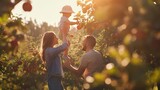 Parents lifting their toddler up to pick apples from a tree in a sun-dappled orchard.