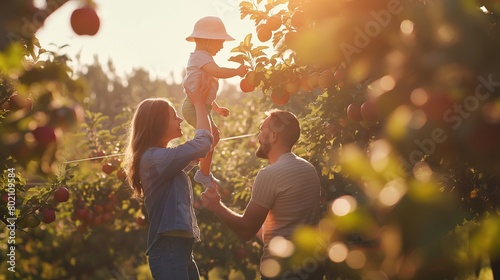 Parents lifting their toddler up to pick apples from a tree in a sun-dappled orchard. photo