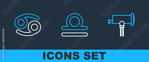 Set line Telescope, Cancer zodiac and Libra icon. Vector