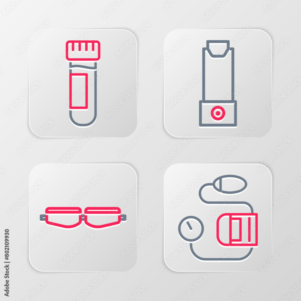 Set line Blood pressure, Safety goggle glasses, Inhaler and Test tube with blood icon. Vector