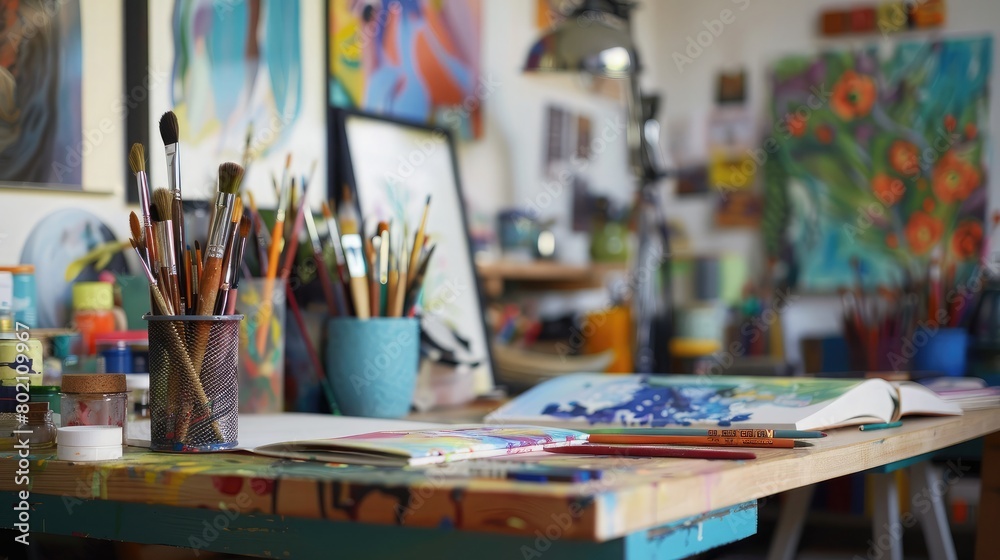 Creative workspace with an artistic desk setup, including paintbrushes, sketchbooks, and colorful decor, inspiring innovation and imagination.