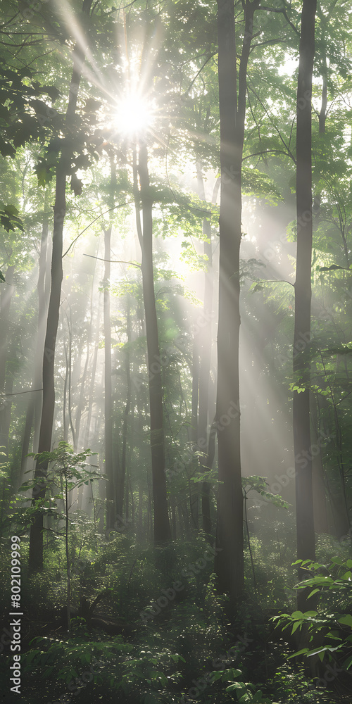 Floresta tranquila com luz solar filtrando entre as folhas