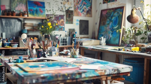 Creative workspace with an artistic desk setup, including paintbrushes, sketchbooks, and colorful decor, inspiring innovation and imagination.