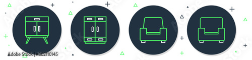 Set line Wardrobe, Armchair, Chest of drawers and icon. Vector