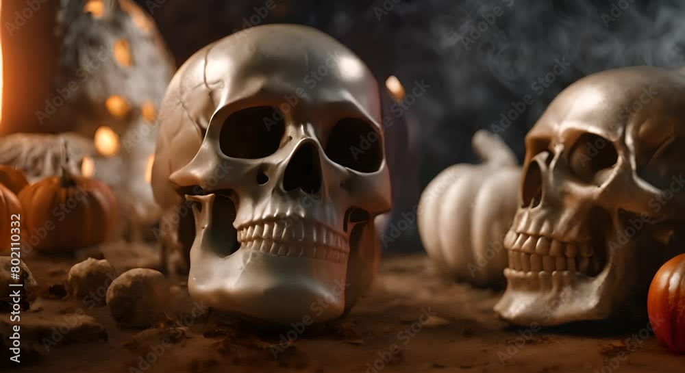 Animation Spooky skull in a mystical Halloween scenery Animation Spooky skull in a mystical Halloween scenery