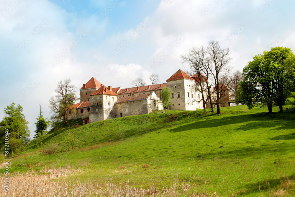 An ancient castle in the forest. Beautiful historical architecture. Fairytale palace against the blue sky. An ancient building. Excavations and archaeology.