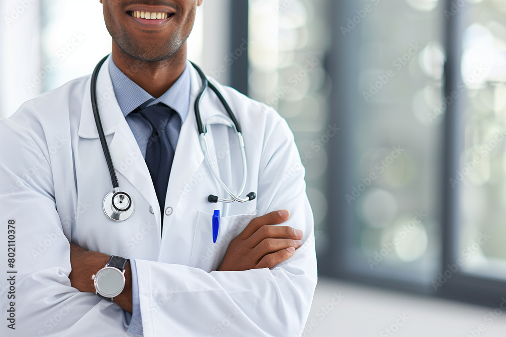 A smiling black man wearing a white lab coat and a blue tie A smiling black man wearing a white lab coat and a blue tie