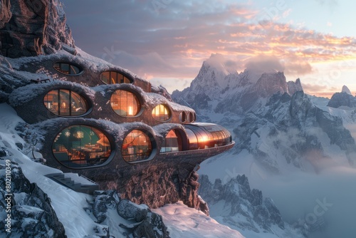 A chocolatethemed hotel on a snowy mountain, staffed by humanoid robots and powered by renewable energy , 8k