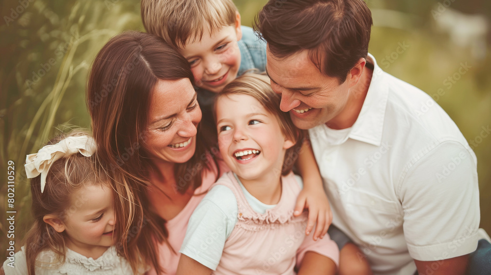 A heartwarming photo captures a happy family, consisting of a mother, father, and two children, smiling warmly at the camera, radiating love and joy in their togetherness