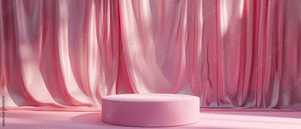 Pink, minimalist, empty podium with drapes for showcasing products.