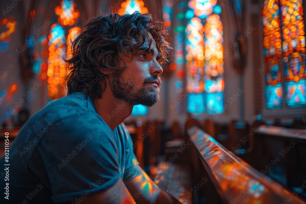 Vibrant photograph capturing a moment of solitude and prayer in a colorful church setting