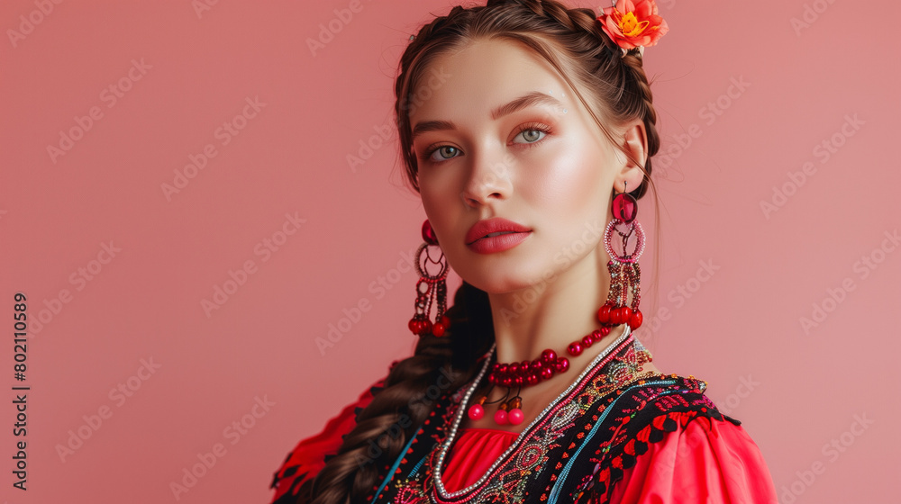 Portrait of a young woman adorned in traditional Ukrainian attire, capturing the beauty and cultural richness of Ukrainian heritage