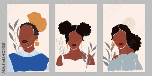 Set of modern faceless abstract African American woman trendy minimalist poster