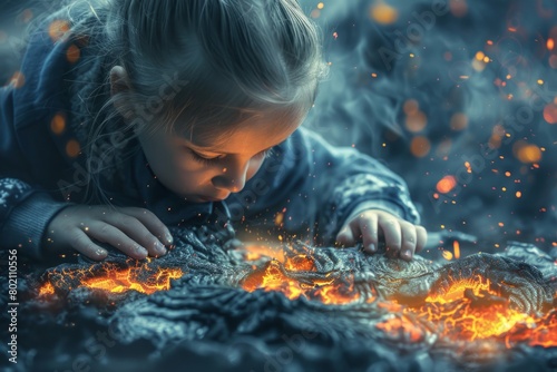 A genius child developing groundbreaking technology to harness the energy of lava and magma for sustainable power generation in an industrialized society , photographic style
