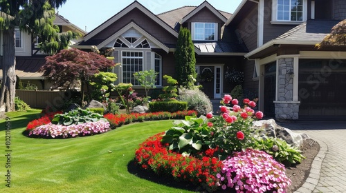 Front yard landscaping with manicured lawns and vibrant flower beds, enhancing curb appeal and welcoming guests.