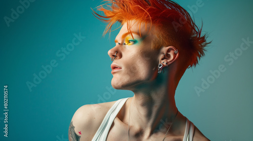 A striking photo of an androgynous man with red hair and facial piercings, sporting a white tank top against a vibrant blue background. photo