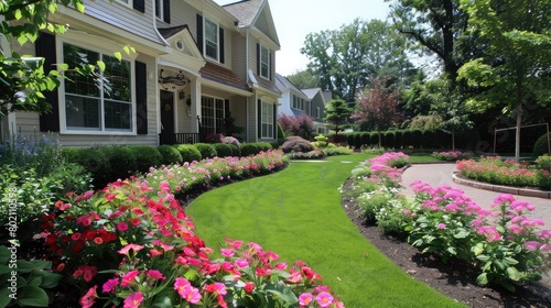 Front yard landscaping with manicured lawns and vibrant flower beds, enhancing curb appeal and welcoming guests.