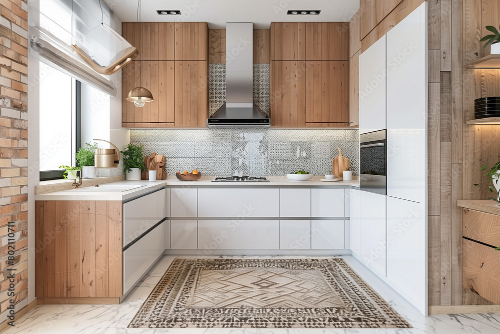 Fototapeta premium A kitchen with a white countertop and a wooden backsplash