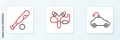 Set line Radio controlled car toy, Baseball bat with ball and Slingshot icon. Vector