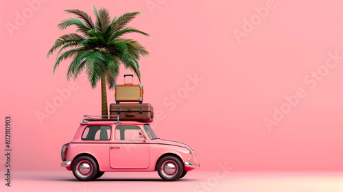 Vintage car with luggage near palm tree travel for summer vacation concept, banner with copy space for text.