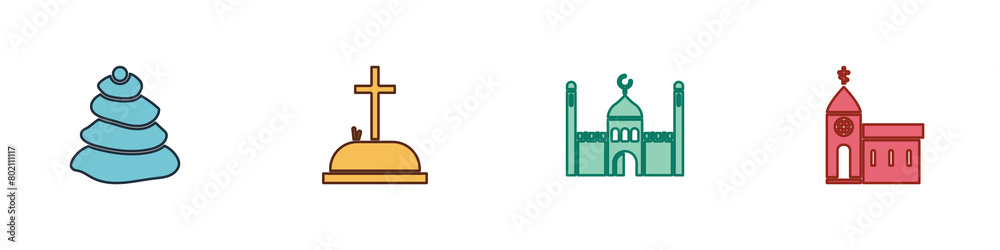 Set Stack hot stones, Tombstone with cross, Muslim Mosque and Church building icon. Vector Set Stack hot stones, Tombstone with cross, Muslim Mosque and Church building icon. Vector