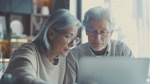An elegant elderly couple, both with silver hair and wearing glasses, sit at a table, their expressions anxious as they gaze at a laptop screen, suggesting a moment of concern or anticipation in a mod photo