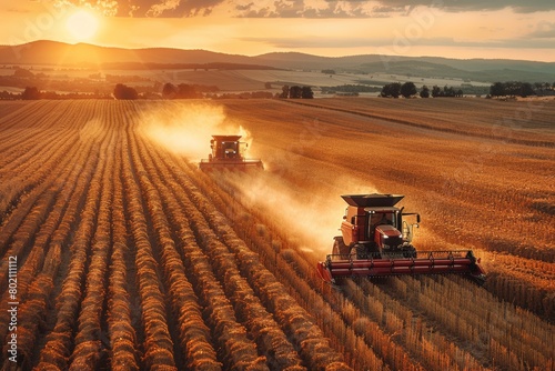 Harvesting agricultural crops in the fields with the help of modern tractors and combines, AI generated