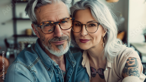 An elegant old couple, both with silver hair, glasses, and tattoos, exude style and happiness. The man dons light attire while the woman radiates elegance in her light clothing. Set against a bright r