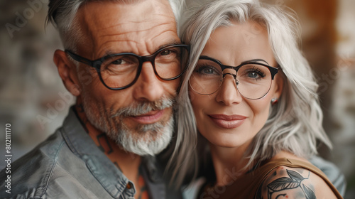 An elegant old couple, both with silver hair, glasses, and tattoos, exude style and happiness. The man dons light attire while the woman radiates elegance in her light clothing. Set against a bright r