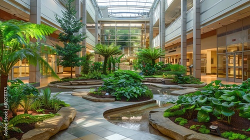 Hospital atrium filled with healing gardens and therapeutic greenery, offering comfort and tranquility to patients and visitors.