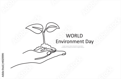World environment day minimalist vector background with  hands and plant. One continuous line drawing. Poster, banner, background with lettering environment day.