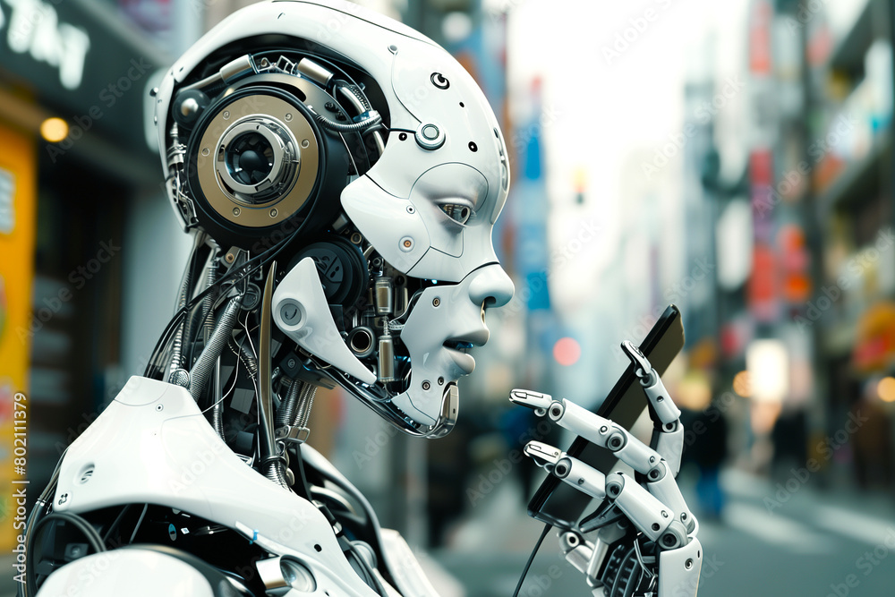Fototapeta premium A humanoid robot with a face engages in a phone conversation on a bustling street, showcasing the fusion of technology and daily life in an urban setting