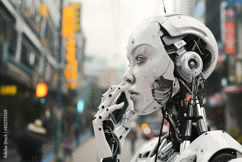 A humanoid robot with a face engages in a phone conversation on a bustling street, showcasing the fusion of technology and daily life in an urban setting.