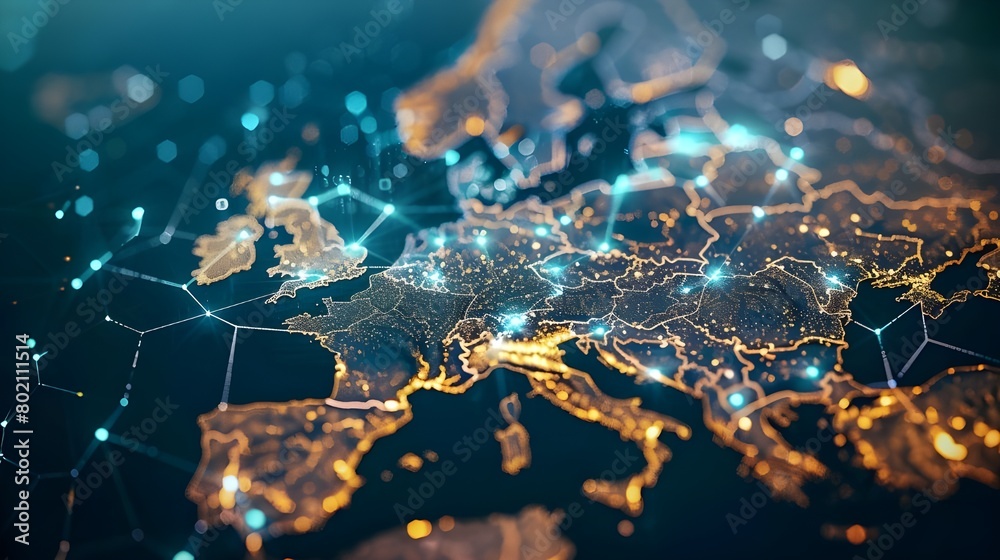 Abstract digital map of Western Europe, concept of European global network and connectivity, Abstract digital map of Western Europe, concept of European global network and connectivity,