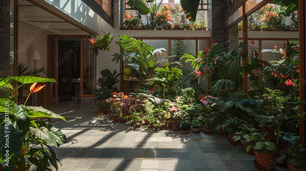Indoor botanical garden with a variety of flowering plants and trees, offering a peaceful retreat from urban life.