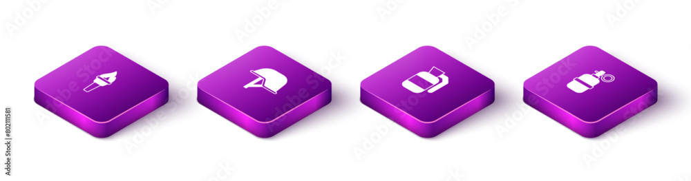 Set Isometric Torch flame, Military helmet, Hand grenade and icon. Vector Set Isometric Torch flame, Military helmet, Hand grenade and icon. Vector