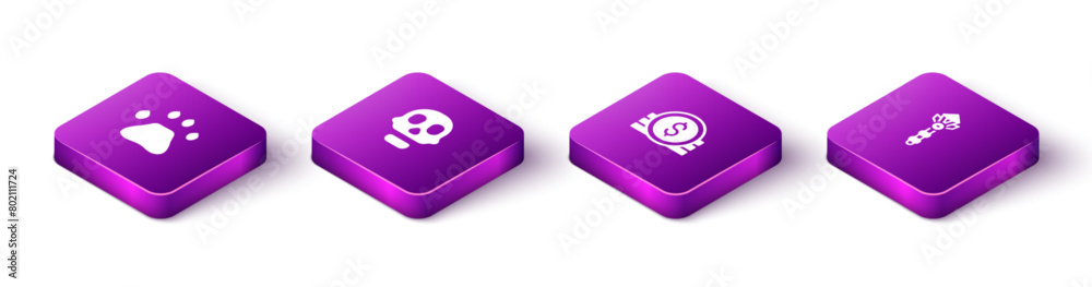 Set Isometric Bear paw footprint, Skull, Ancient coin and Magic wand icon. Vector Set Isometric Bear paw footprint, Skull, Ancient coin and Magic wand icon. Vector