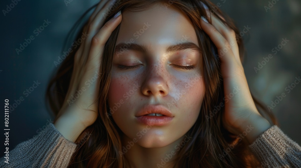 Serene Portrait of a Young Woman with Freckles and Closed Eyes. Generative ai Serene Portrait of a Young Woman with Freckles and Closed Eyes. Generative ai