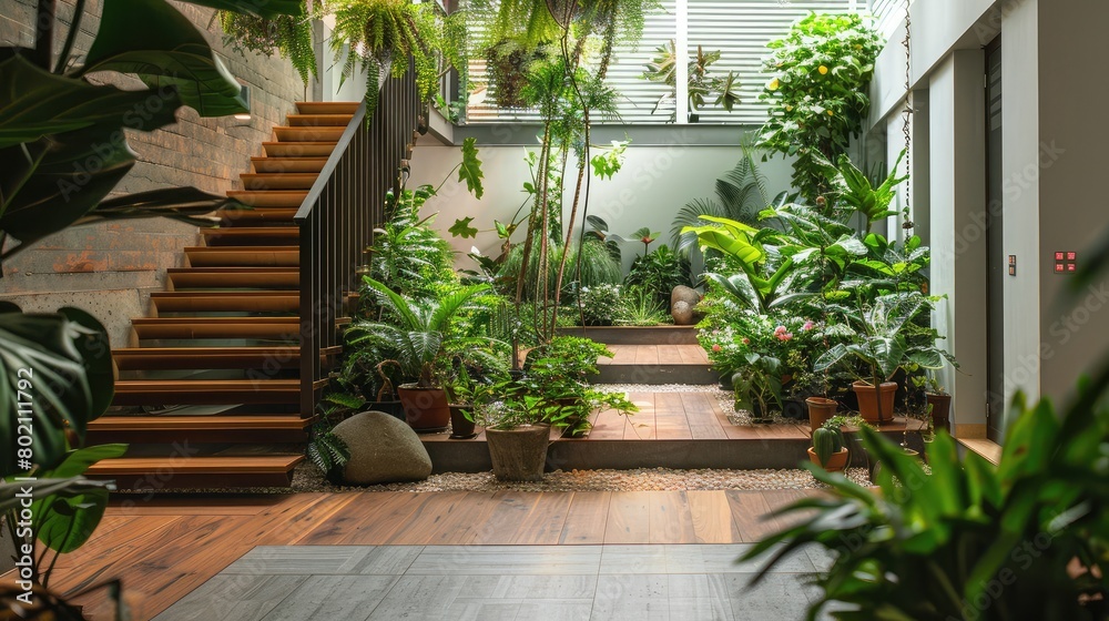Indoor garden with lush greenery and potted plants, enhancing the ambiance and air quality of the building.