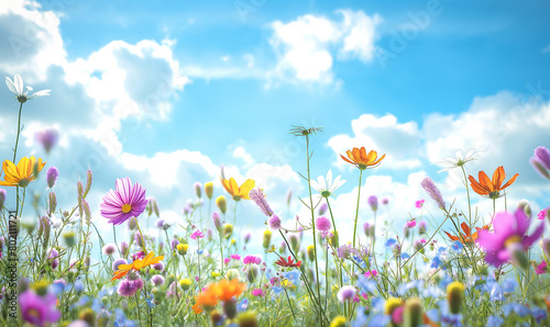 A beautiful spring meadow with colorful wildflowers in the foreground  with a blue sky in the background