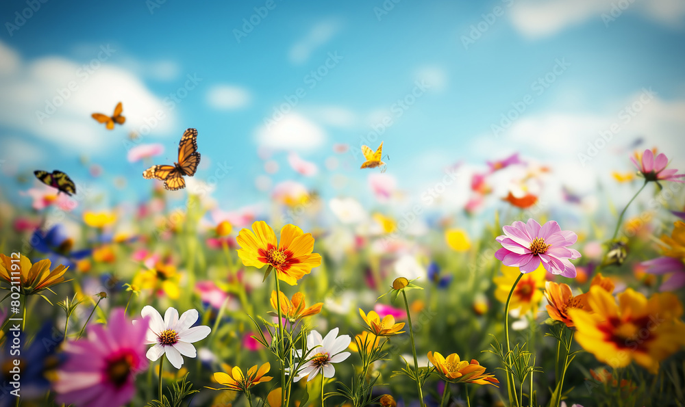 A vibrant field of wildflowers, with colorful butterflies flitting around the flowers and a blue sky in the background