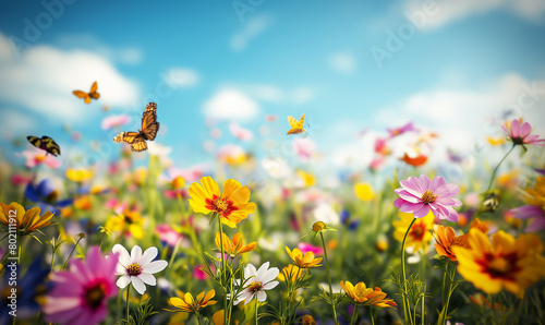 A vibrant field of wildflowers  with colorful butterflies flitting around the flowers and a blue sky in the background
