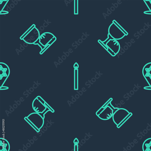 Set line Burning candle, Holy grail or chalice and Star of David on seamless pattern. Vector