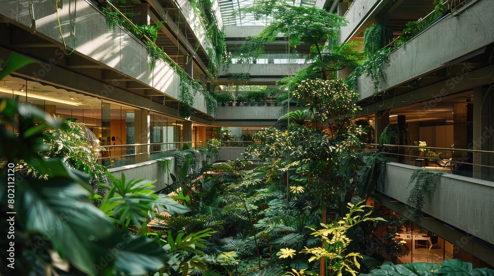 Interior atrium with towering trees and lush foliage, creating a ...