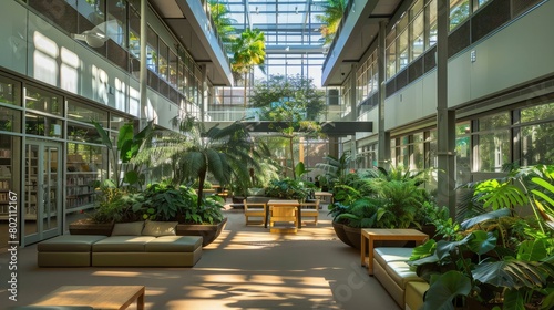 Library atrium transformed into a botanical oasis with lush vegetation and natural light, inspiring creativity and contemplation.